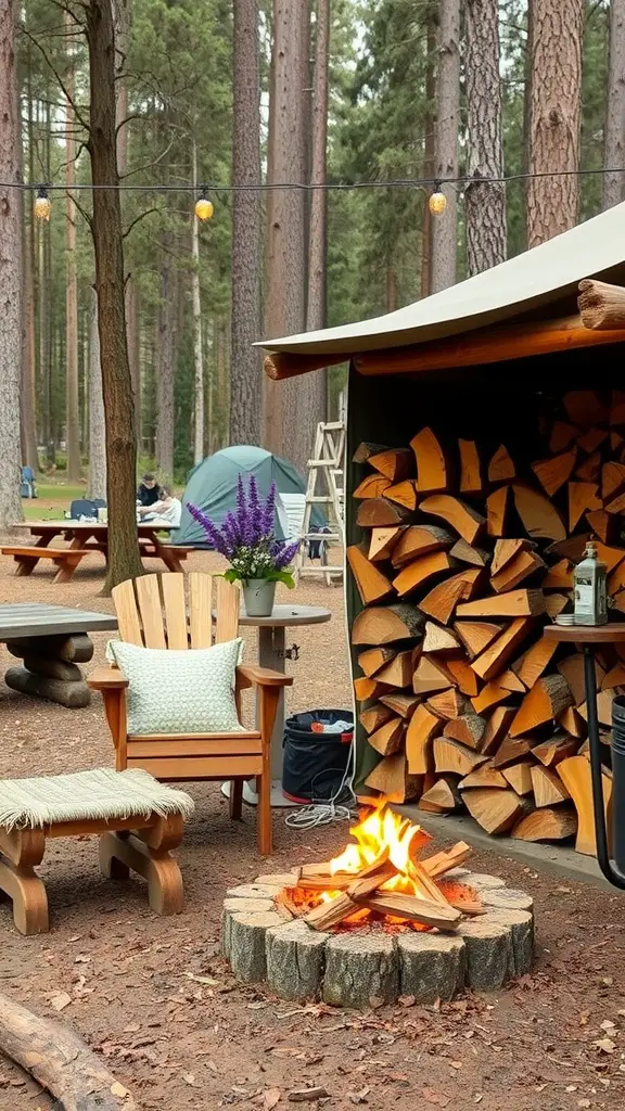 A rustic camping setup with a cozy fire pit, stacked firewood, and comfortable seating.