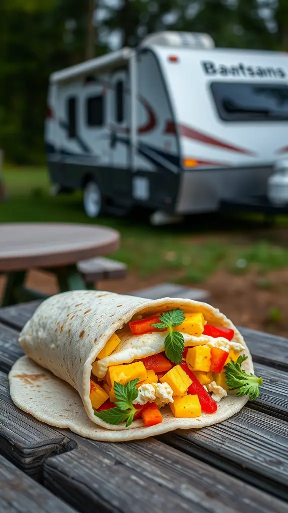 Savory breakfast burritos filled with eggs and veggies wrapped in a tortilla.