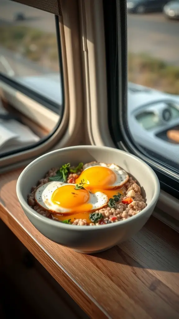 A bowl of savory oatmeal topped with two sunny-side-up eggs and greens, placed near a window in an RV.