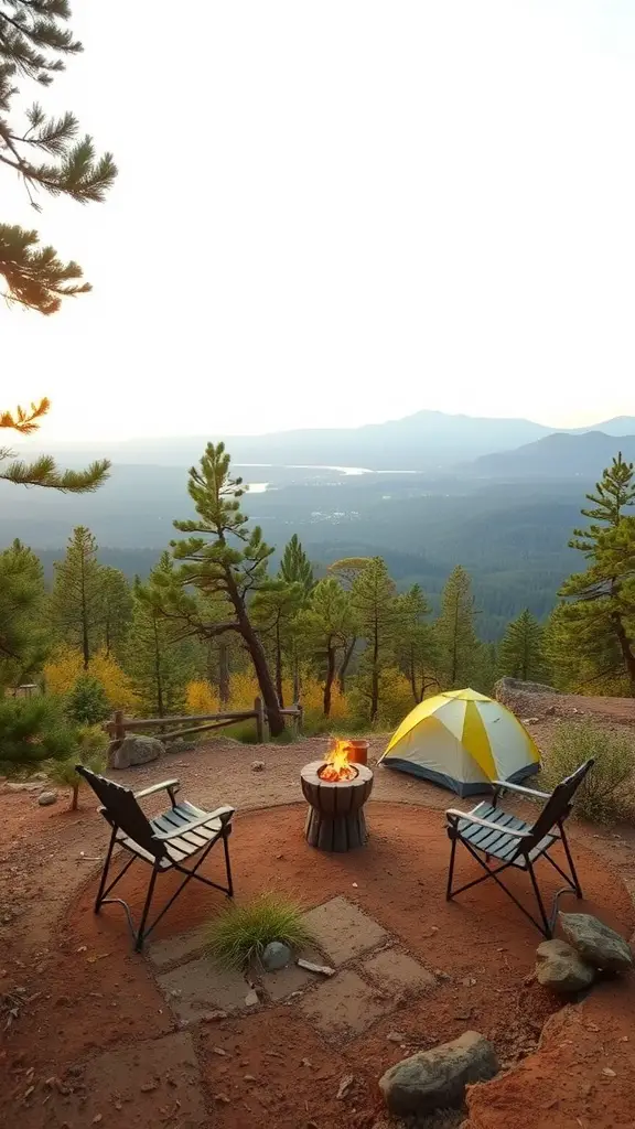 A scenic camping area with chairs around a fire pit and a tent nearby, overlooking beautiful mountains and a lake.