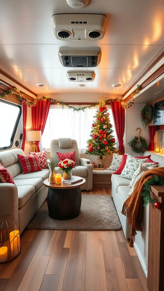 Cozy RV living room decorated for the holidays with a small Christmas tree, warm lighting, and festive pillows.