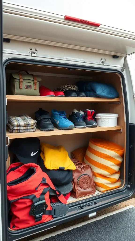 Organized RV storage with packed shelves showing clothing, bags, and gear.