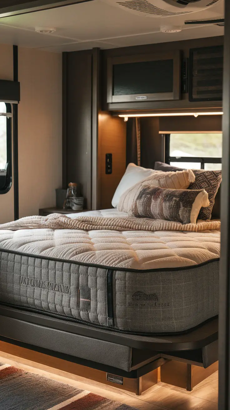 A cozy RV bedroom featuring a comfortable mattress with pillows and a scenic view through the window.