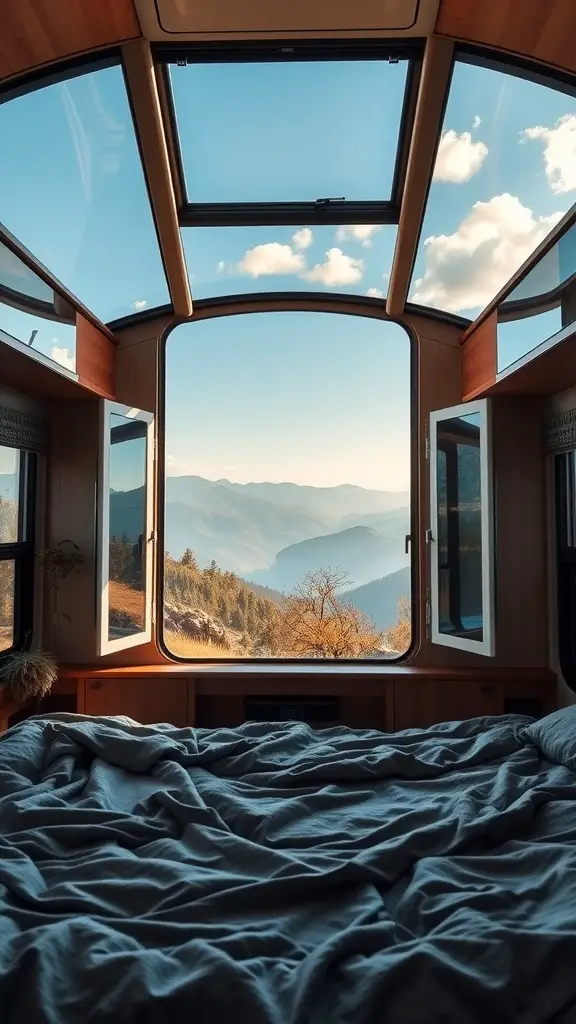 Cozy RV bedroom with large windows showcasing a mountain view.