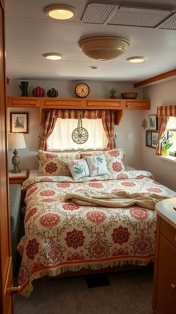 A cozy RV bedroom featuring a patterned bedspread, decorative pillows, and warm lighting.