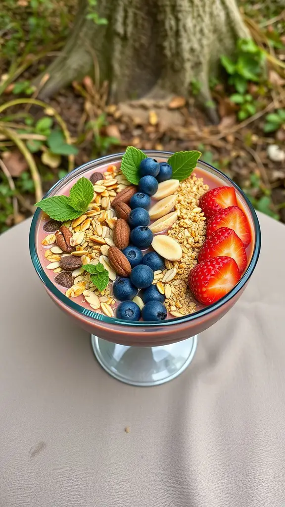 A colorful smoothie bowl topped with nuts, seeds, and fresh fruits