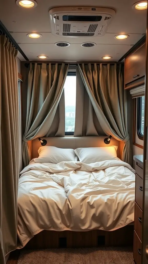 Cozy RV bedroom with a bed, curtains, and warm lighting.