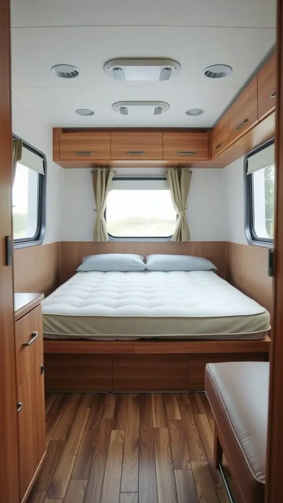 Interior of an RV showing a space-efficient mattress setup with storage underneath.