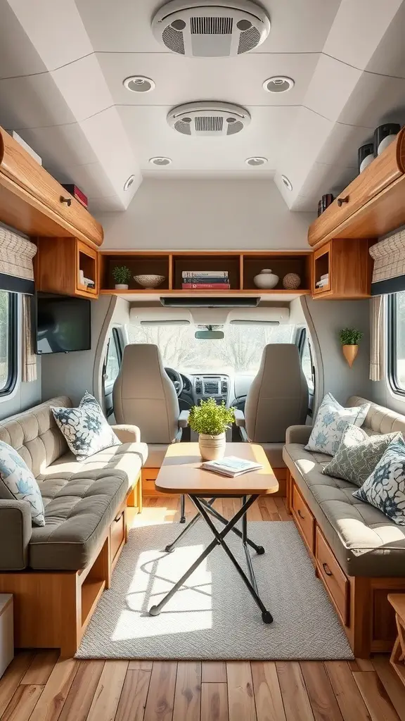 An inviting RV living room with comfortable seating, a small table, and organized shelves.