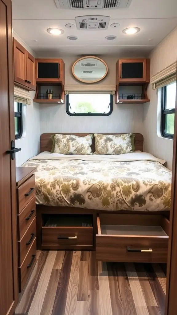 A neatly organized RV bedroom featuring a comfortable bed with decorative pillows, under-bed drawers, and wall-mounted shelves.