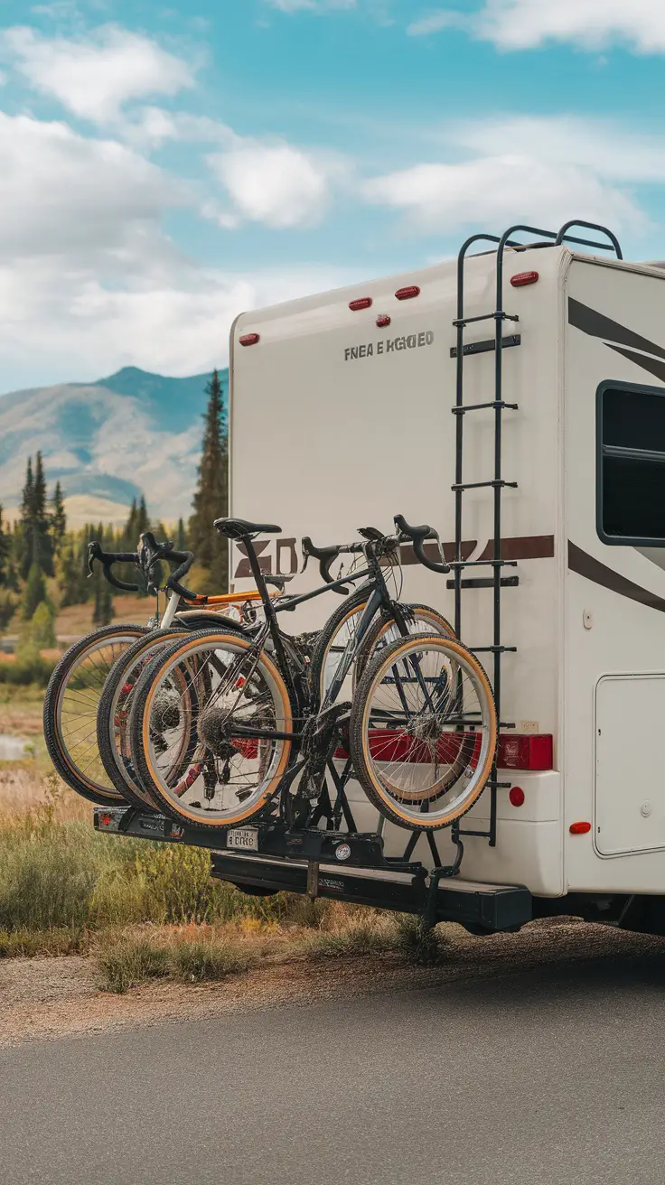 Bikes stored on wall racks inside an RV garage.