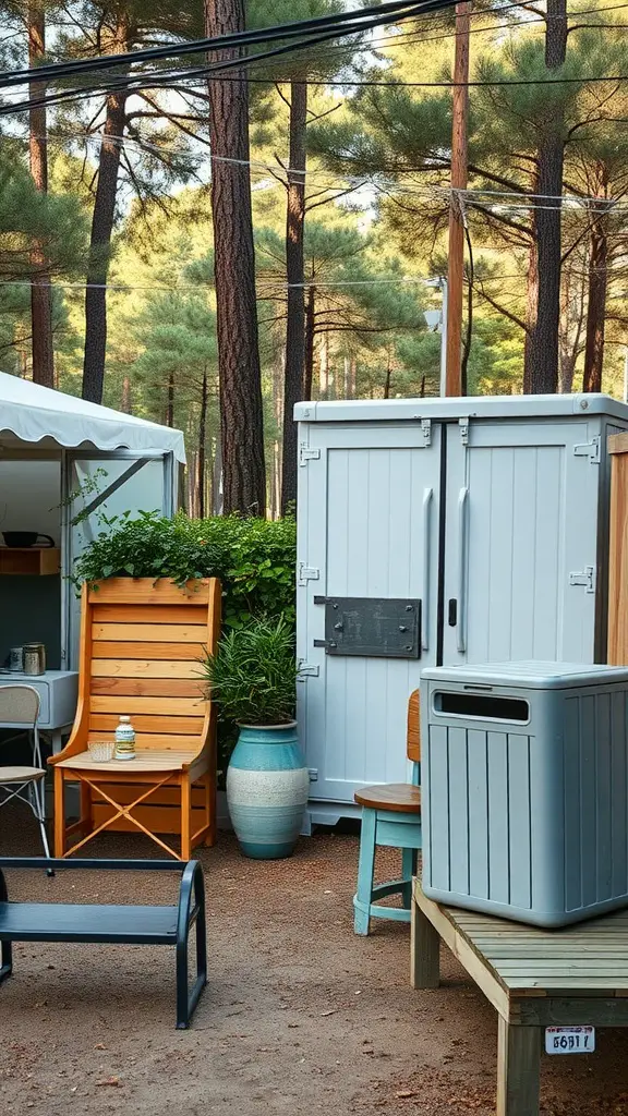 Outdoor storage solutions in a cozy camping setup