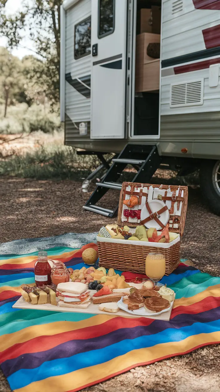 A picnic basket filled with snacks on a colorful blanket in front of an RV.