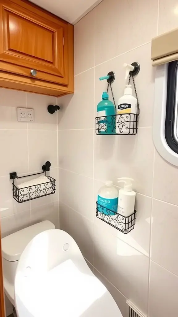 A compact RV bathroom with suction cup organizers holding toiletries and cleaning supplies.