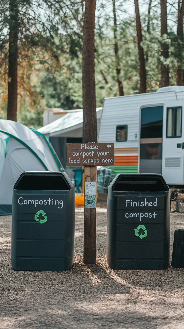 A composting station with labeled bins for sustainable waste disposal.