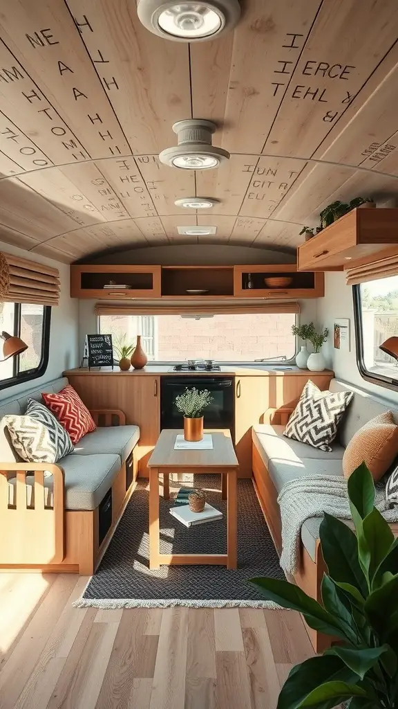 A cozy RV living room with sustainable materials and a welcoming atmosphere.