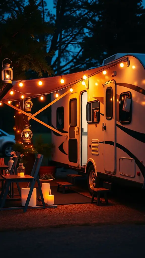 A cozy outdoor RV setup with warm lighting, featuring string lights and lanterns.