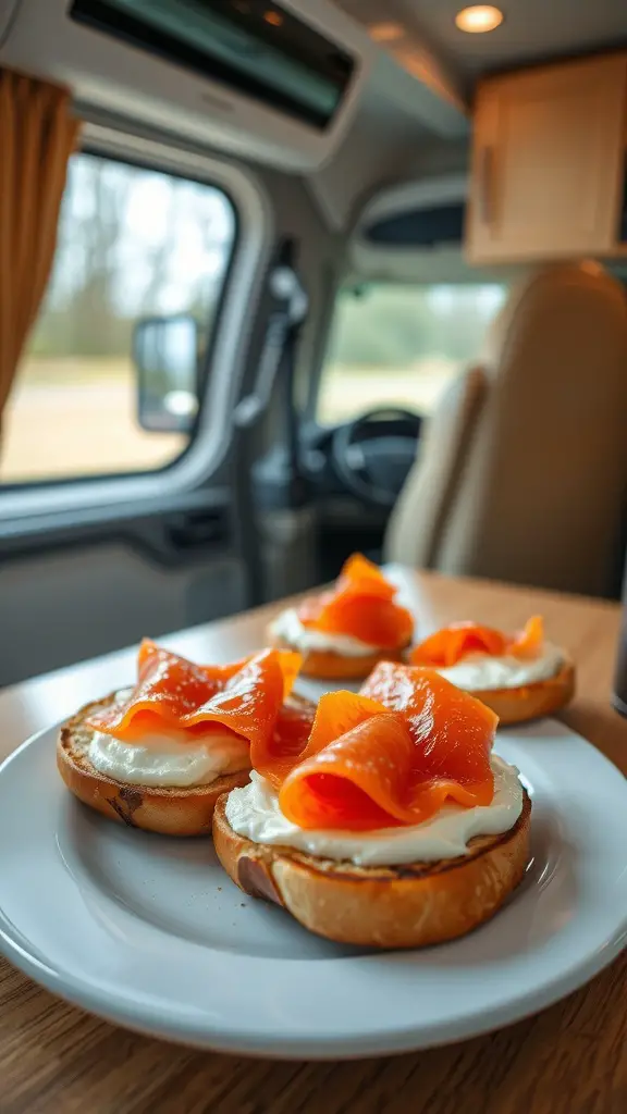 Toasted bagels topped with cream cheese and lox, served on a white plate