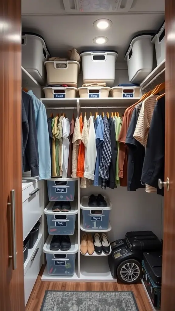 Organized RV closet with clothes, shoes, and storage bins