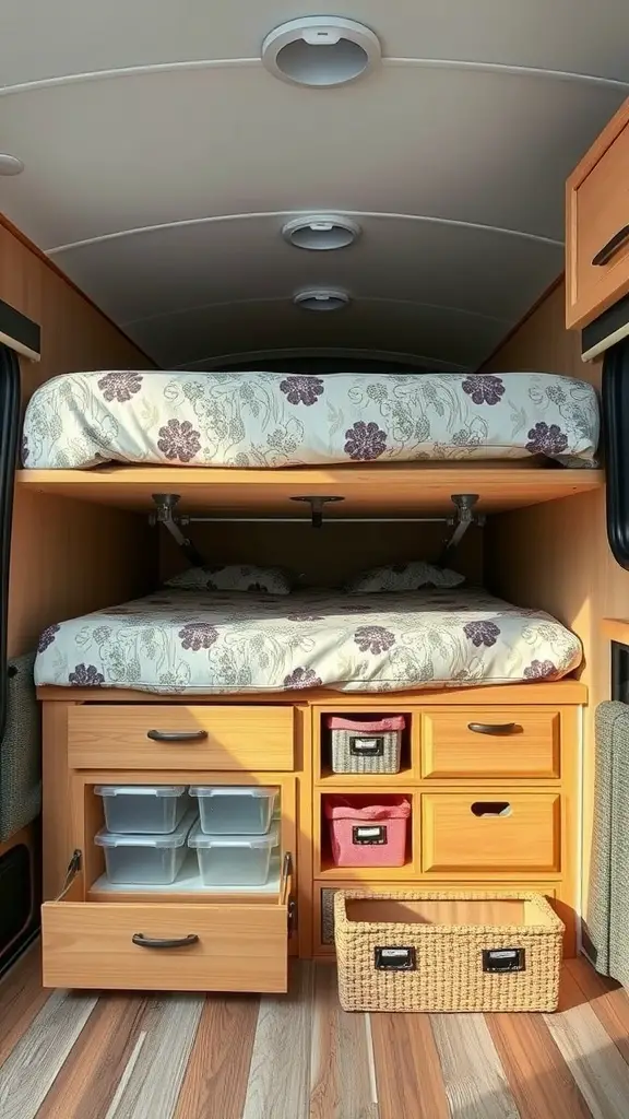 Interior of an RV showcasing under-bed storage with bins and baskets.