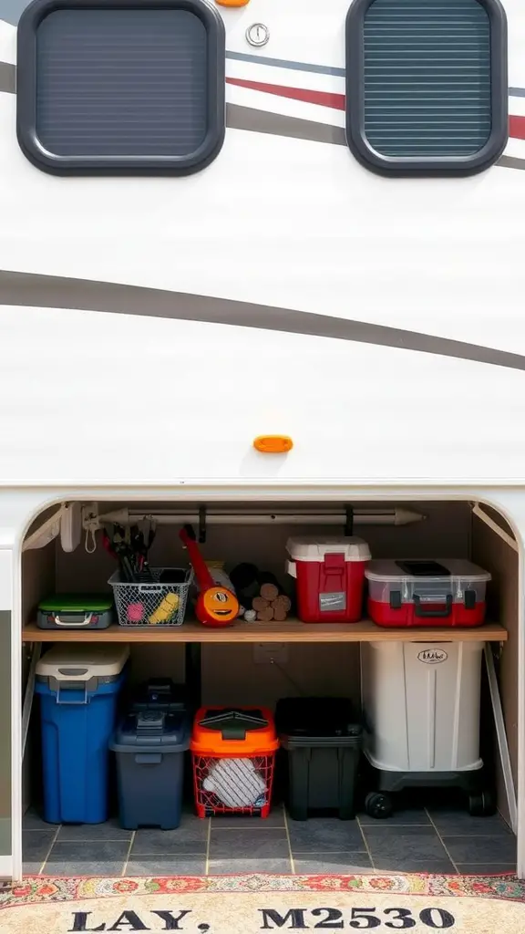 Organized under-deck storage in an RV with various bins and tools.