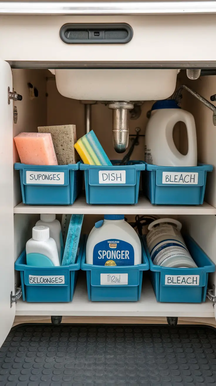 Organized under-sink storage with labeled bins for cleaning supplies in an RV.