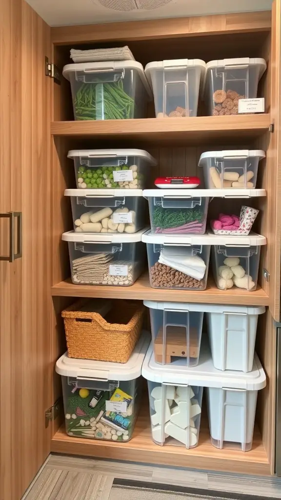 Shelves filled with clear storage bins organized in an RV.