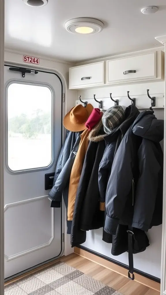 Interior of an RV showing hooks with coats and hats hanging by the door