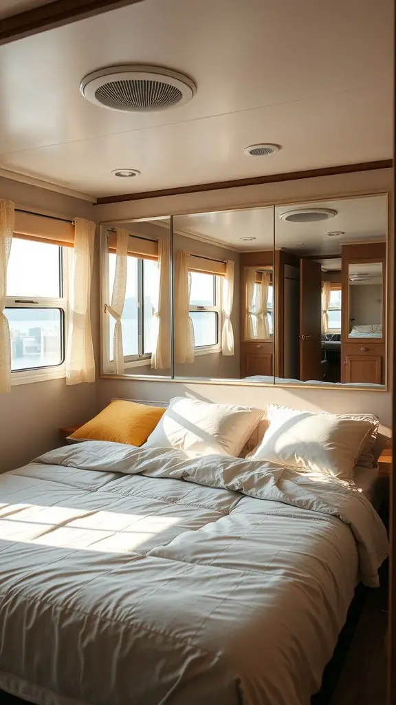 Cozy RV bedroom with mirrors reflecting light and creating a spacious feel