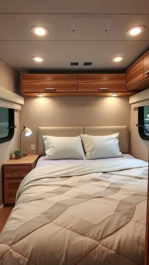 Cozy RV bedroom with built-in cabinets and lighting.