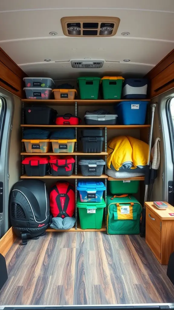 A well-organized RV interior featuring shelving units filled with storage bins.