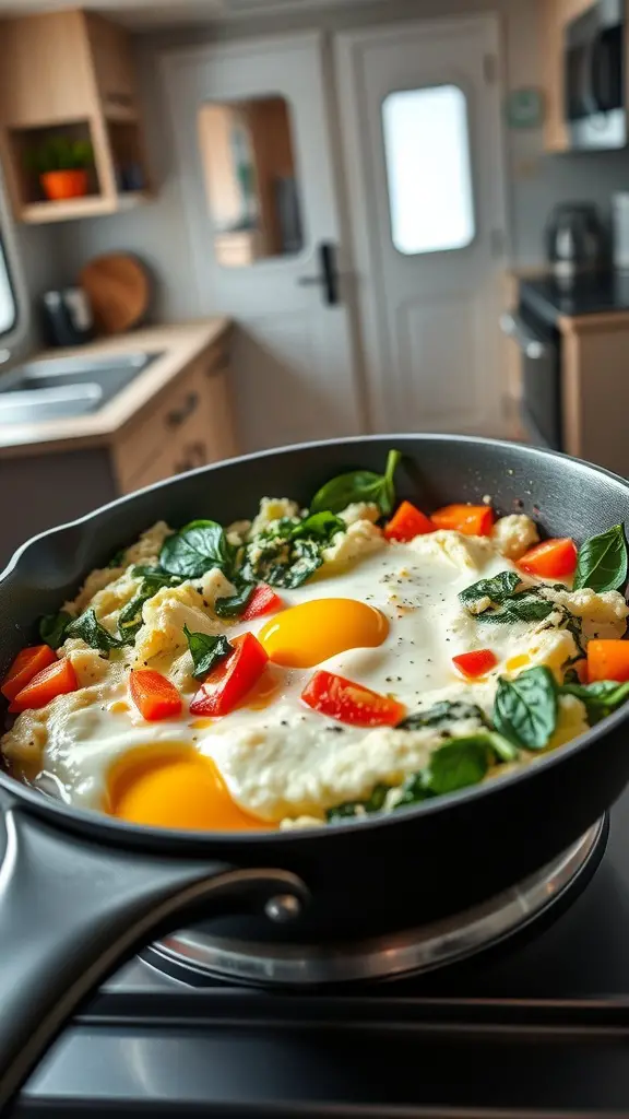 A skillet with scrambled eggs and veggies on a stove.