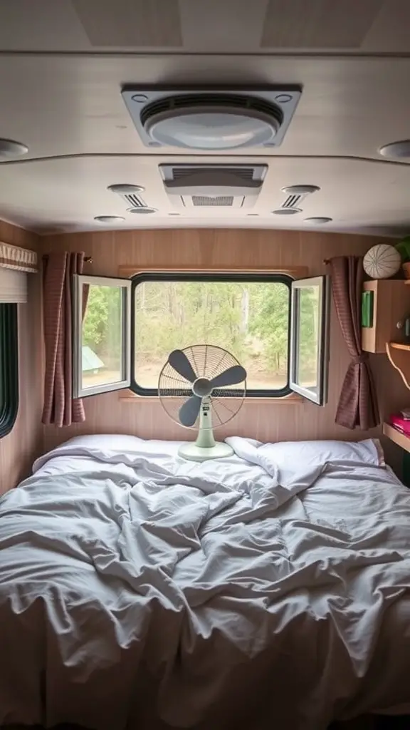 An RV bedroom with a fan and open windows for ventilation.