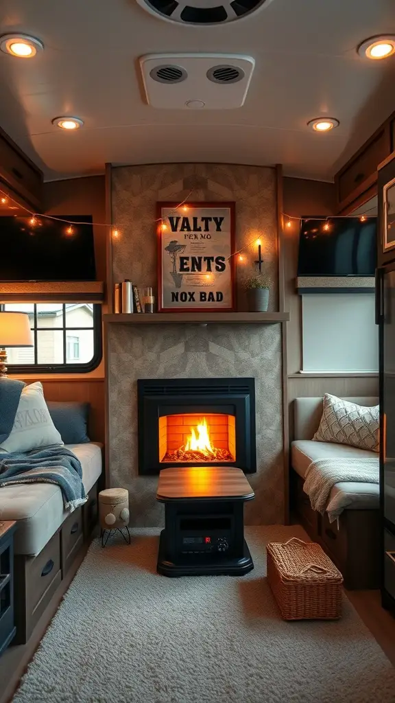 Cozy RV living room with a fireplace, two seating areas, and warm lighting.