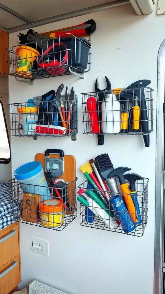 Wire baskets mounted on an RV wall, filled with various tools and supplies.