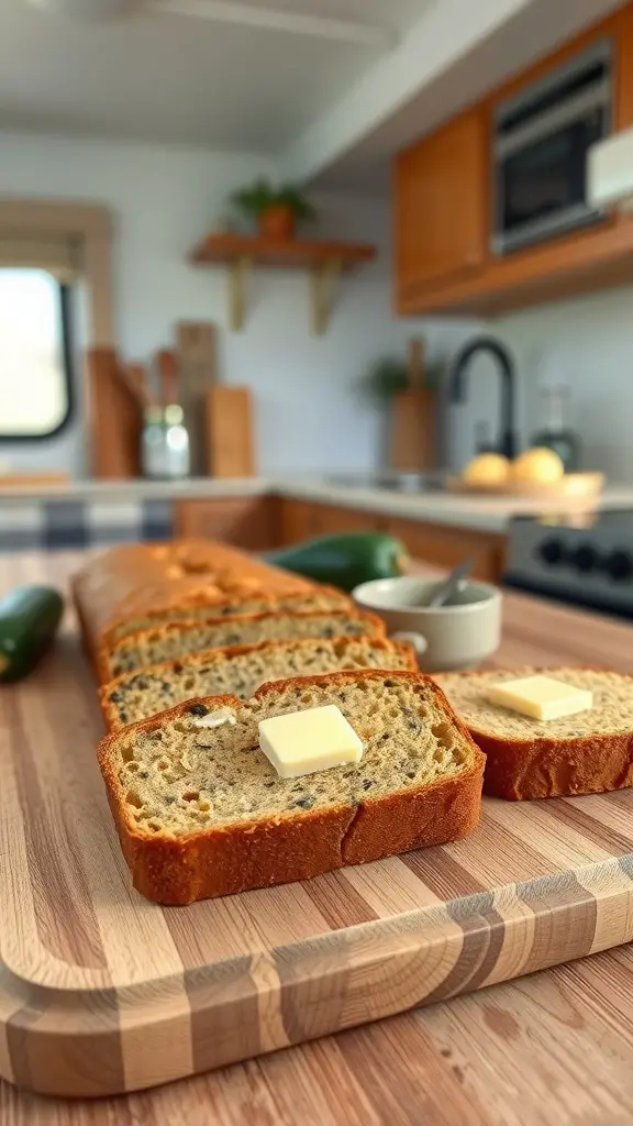 Delicious slices of zucchini bread on a cutting board, topped with butter.