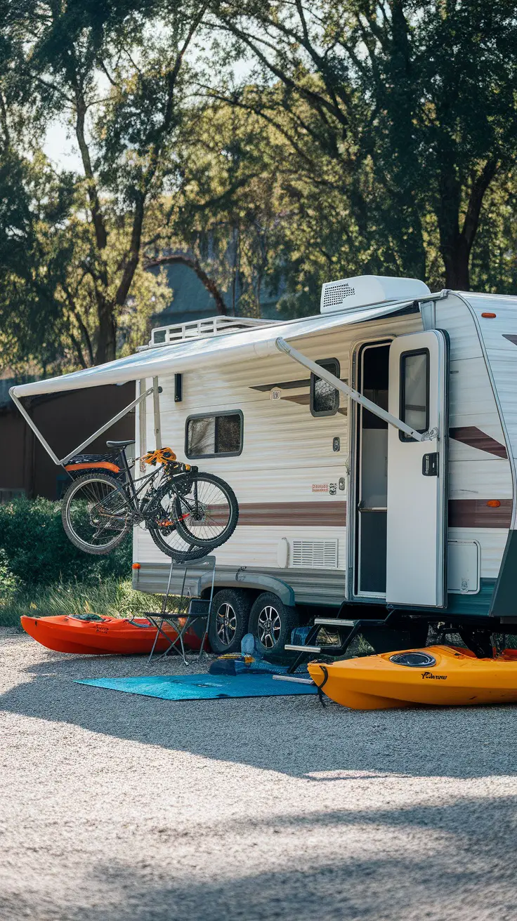 A display of bikes and kayaks ready for outdoor activities, surrounded by trees