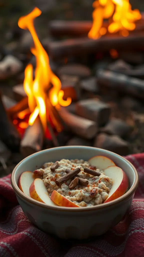 A bowl of apple cinnamon oatmeal with sliced apples on top, set against a campfire backdrop.