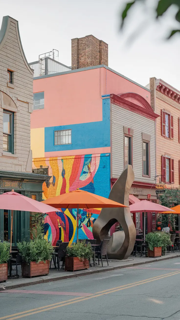 A couple walking hand in hand along a quaint street in Asheville, surrounded by colorful buildings and vibrant umbrellas.