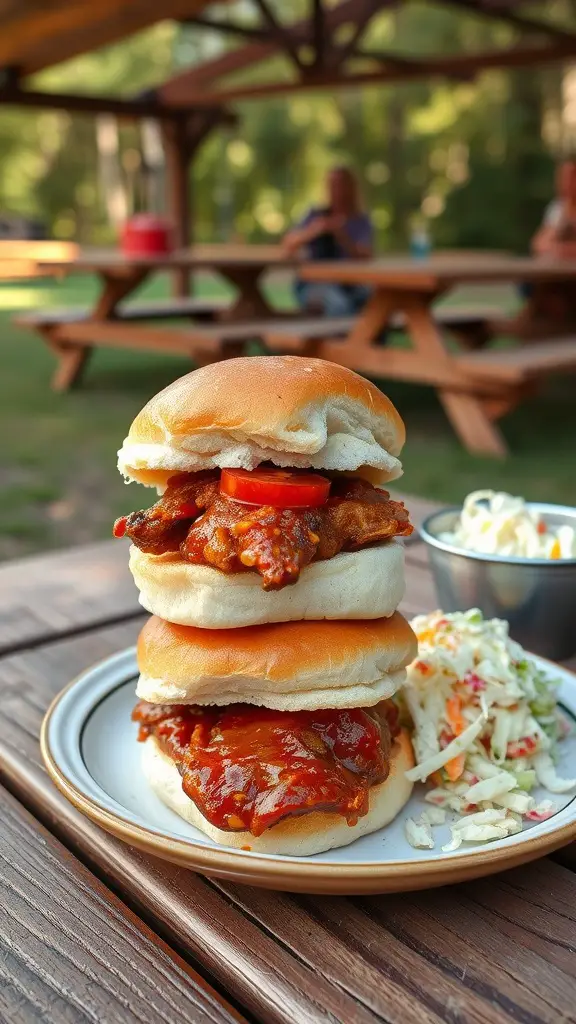 Delicious BBQ chicken sliders stacked on a plate with coleslaw on the side.