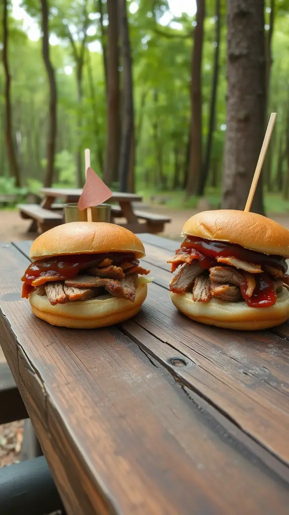 BBQ pulled pork sandwiches on a picnic table in a forest setting.