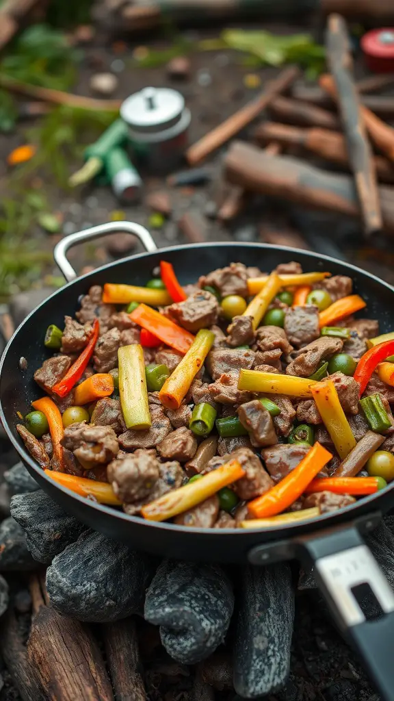 A delicious beef and veggie stir-fry being prepared outdoors.