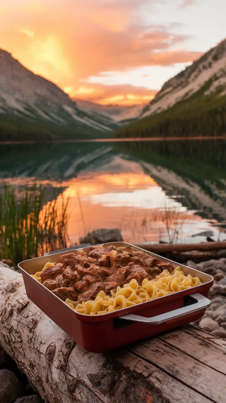 A hearty serving of Beef Stroganoff with egg noodles, perfect for camping meals.