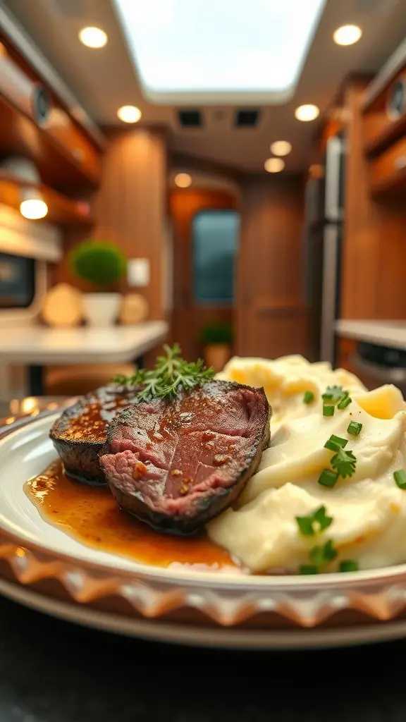 A plate with beef tenderloin and garlic mashed potatoes in an RV kitchen.