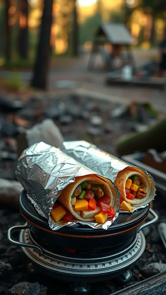 Delicious breakfast burritos wrapped in foil, perfect for camping.