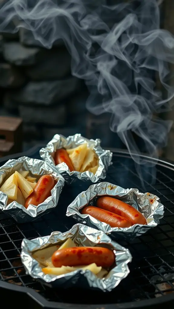 Cabbage and sausage foil packs cooking over a grill