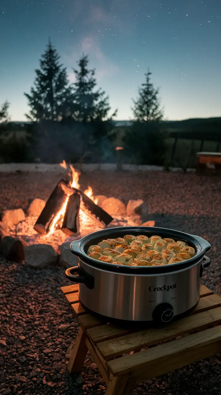 Crockpot with cabbage roll casserole cooking by the campfire