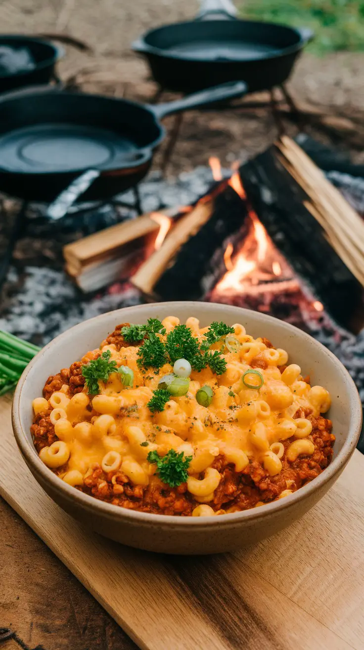 A delicious bowl of Campfire Chili Mac and Cheese, garnished with green onions and parsley, set against a backdrop of a campfire.