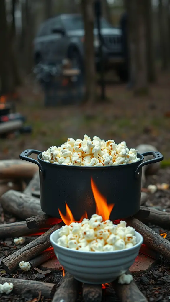 A pot of freshly popped popcorn over a campfire.