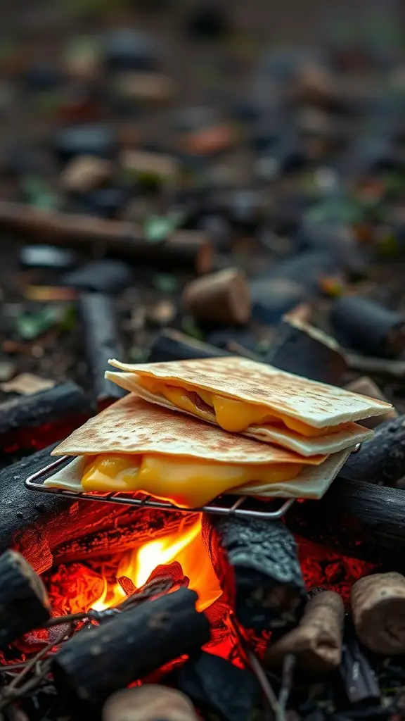 Campfire quesadillas being cooked over a campfire, showcasing melted cheese between tortillas.